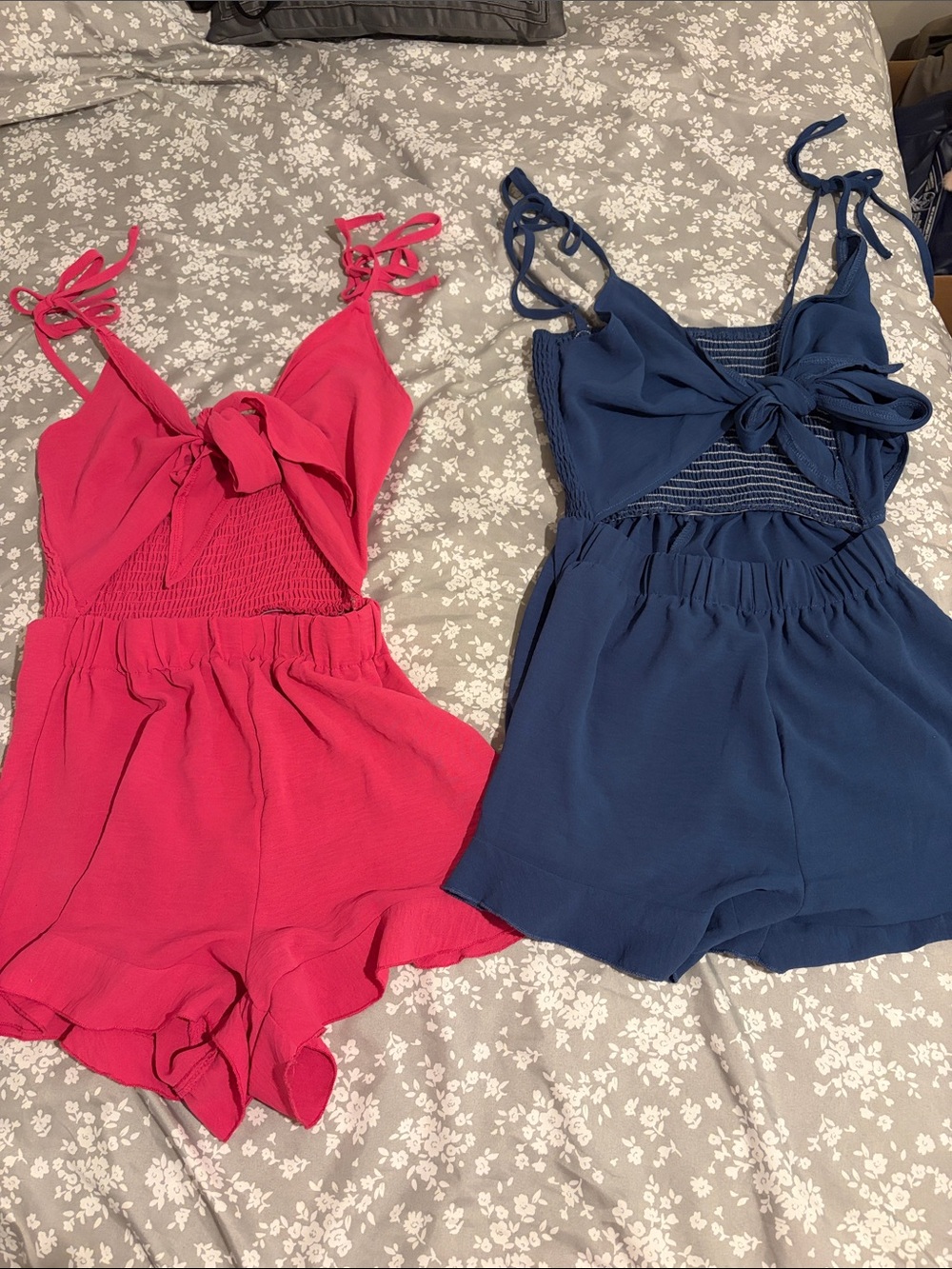 SHEIN Pink and Navy Tie-Front Smocked Romper Set